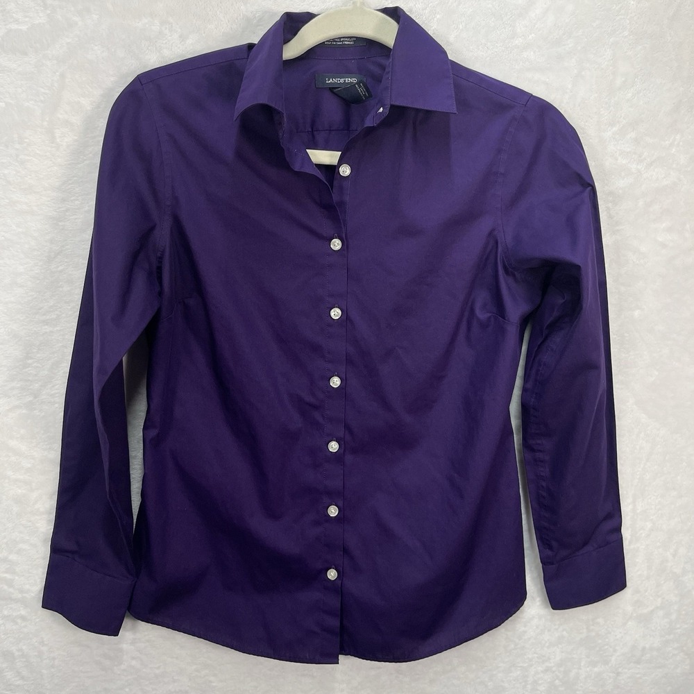 Land's End Wrinkle Free Broadcloth Button Down Womens Petite 0 Purple Career